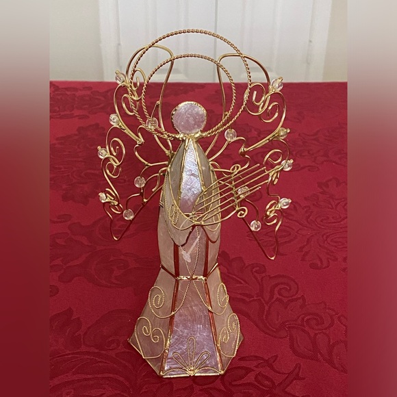 Vintage Capiz Shell Christmas Angel with Wings Playing Harp Gold Metal Crystals - Picture 4 of 16